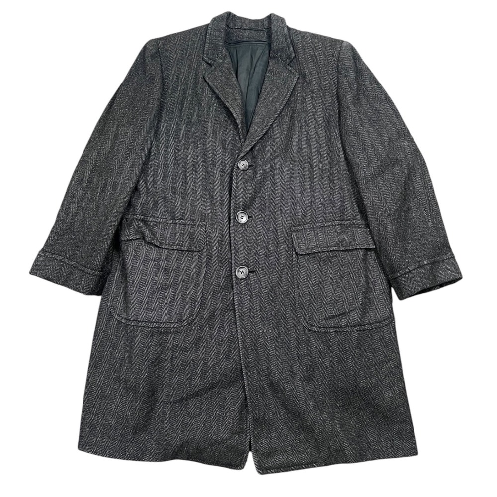 Style Manor 1960s Overcoat Mens 48R Gray Herringbone Wool Plaid Lining USA Made